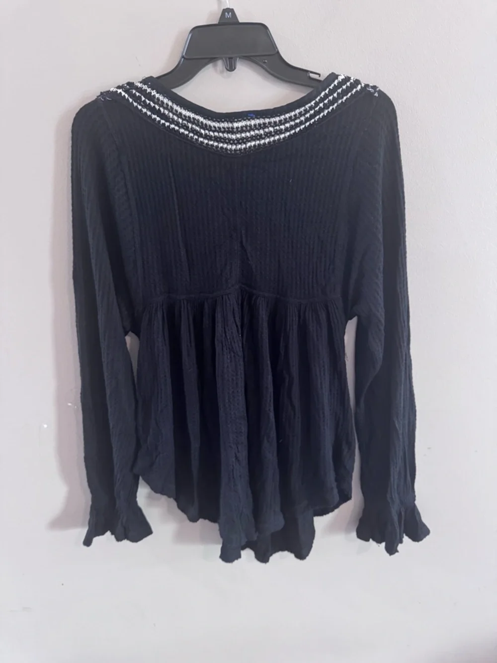 Free People Black Embroidered Boho Top Crochet Yoke Babydoll Small
